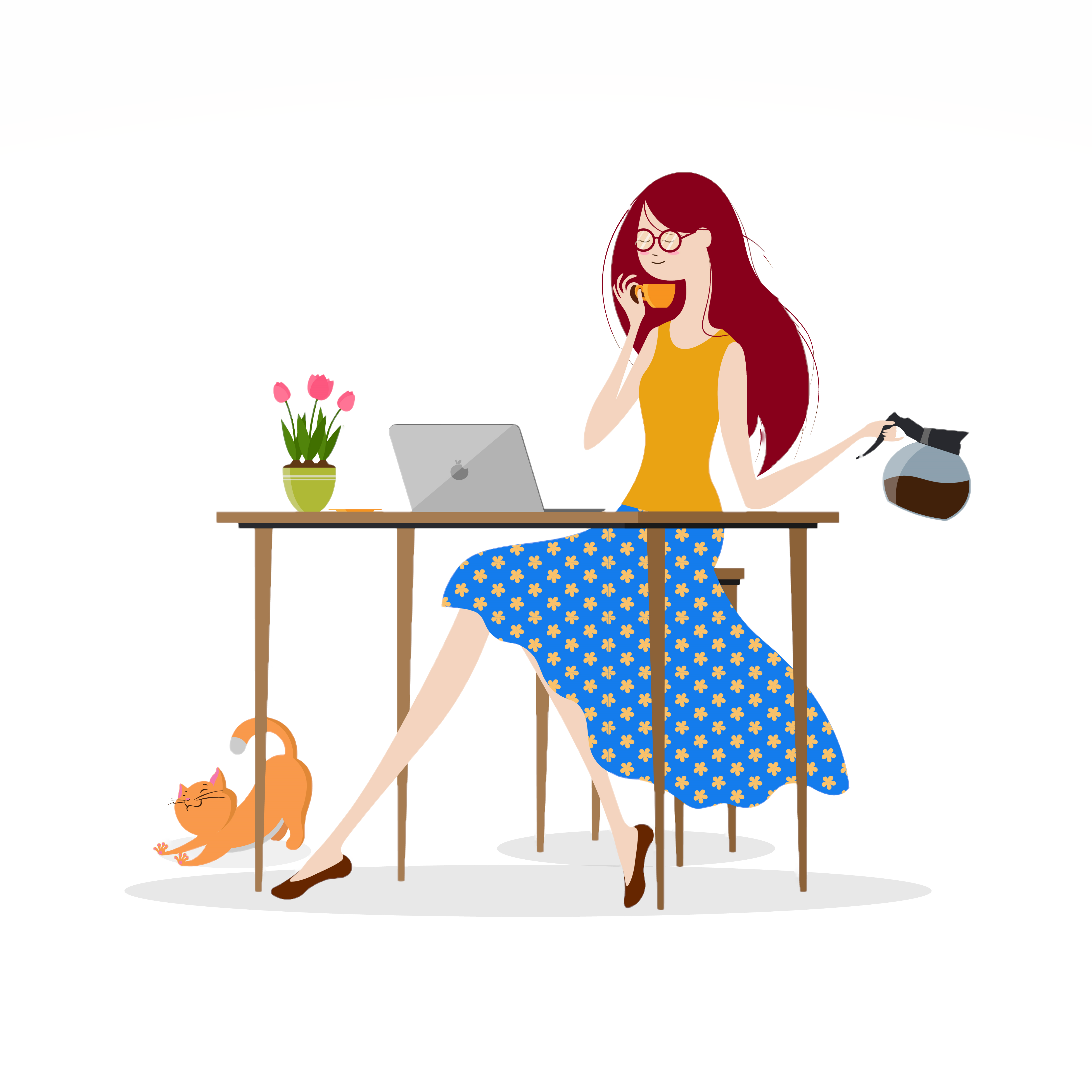 A red head women drinking coffee 
       using a computer with a cat under foot